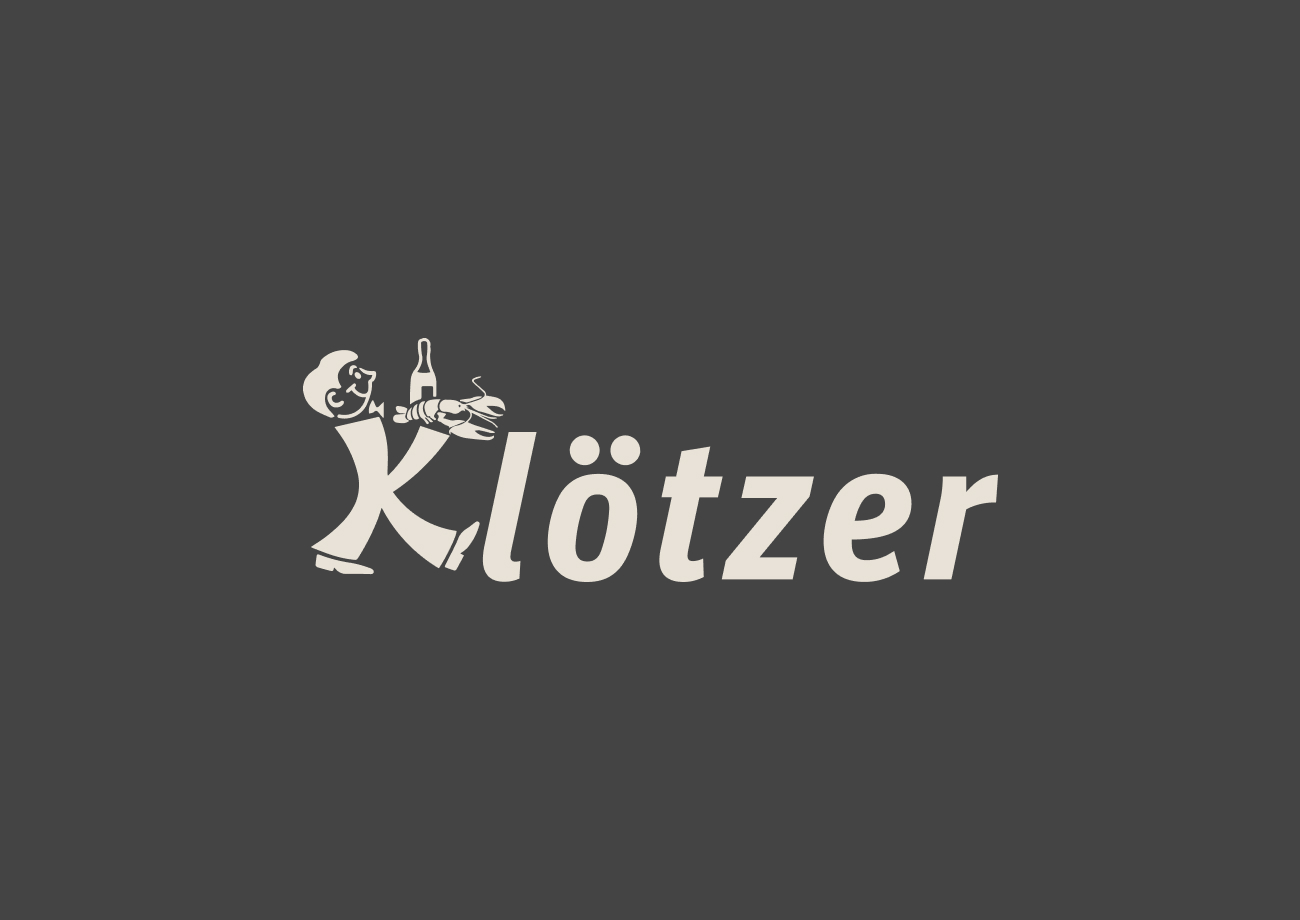 Logo von Klötzer Delikatessen mit gezeichneter Kellnerfigur, Branding des Shopware-Onlineshops