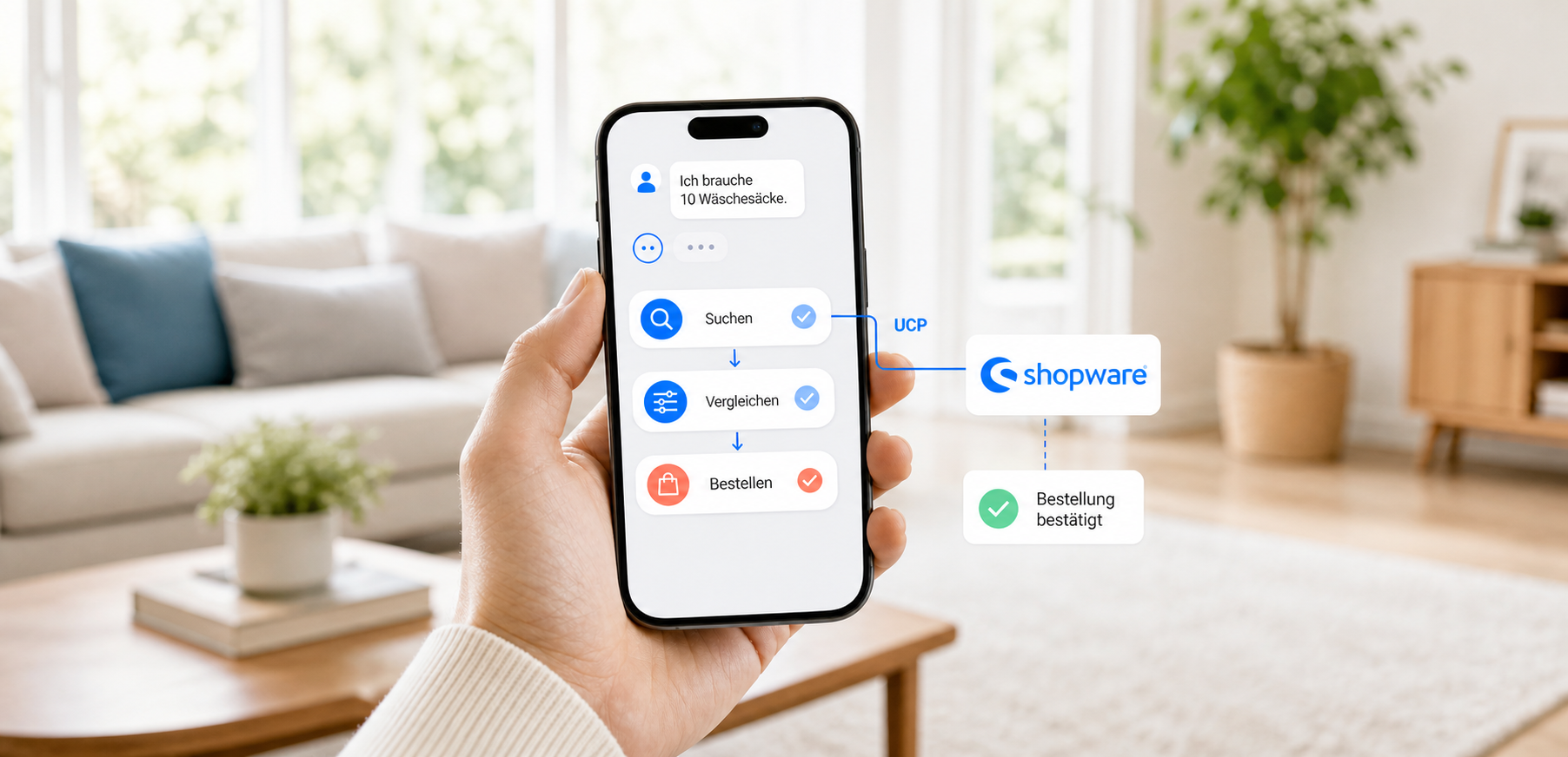 Eine Person hält ein Smartphone, auf dem ein Chat mit einer KI geöffnet ist und den Ablauf und die Funktionsweise vom UCP am Beispiel von SHOPWARE erklärt.